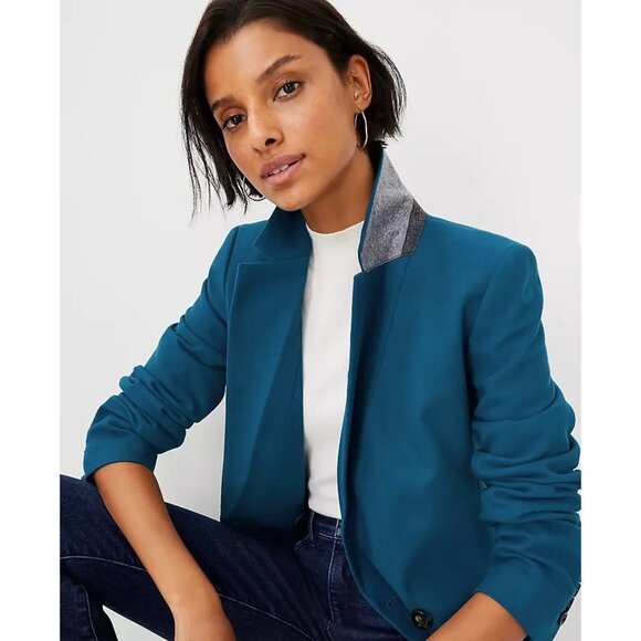 NWT Womens Size 16 Ann Taylor Teal Green Notched Lapel Flannel Blazer Jacket NEW - Picture 2 of 3